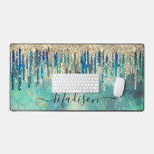 Chic blue turquoise Gold glitter druppelt monogram Bureaumat (Keyboard & Muis)