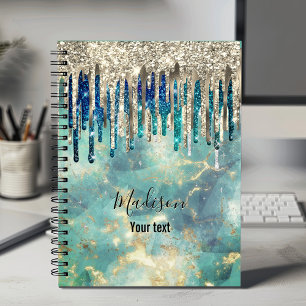 Chic blue turquoise Gold glitter druppelt monogram Notitieboek