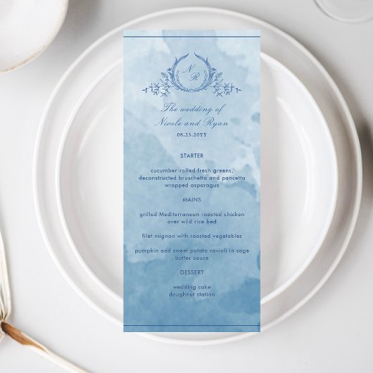 Chic Blue Watercolor Script Monogramme Menu Mariag