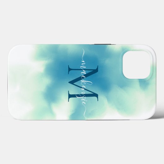 Chic Blue Waterverf Abstract Monogrammed Case-Mate iPhone Case (Achterkant (horizontaal))