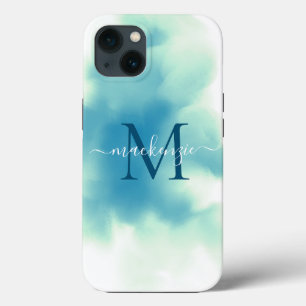 Chic Blue Waterverf Abstract Monogrammed iPhone 13 Hoesje