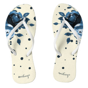 Chic Blue Waterverf Floral met Stippen en Naam toe Teenslippers