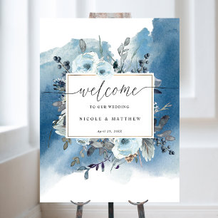 Chic Blue Waterverf Floral Wedding Welcome Sign Poster
