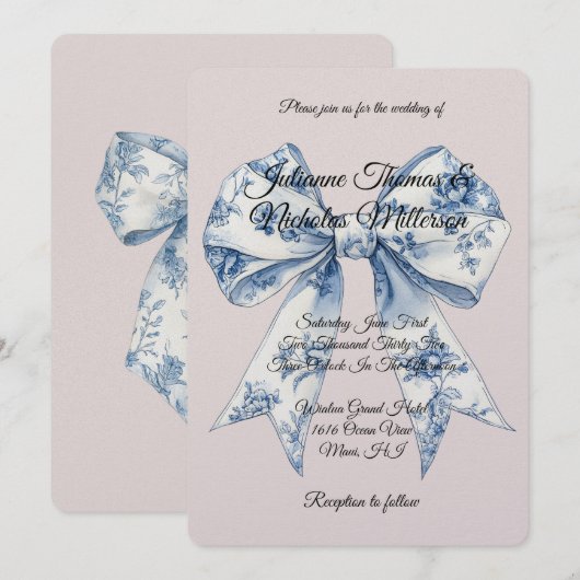 Chic Blue White Bow Blush Pink Wedding Kaart (Voorkant / Achterkant)