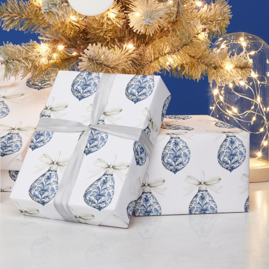 Chic Blue White Bows Ornaments Christmas Cadeaupapier (Feestdagen)