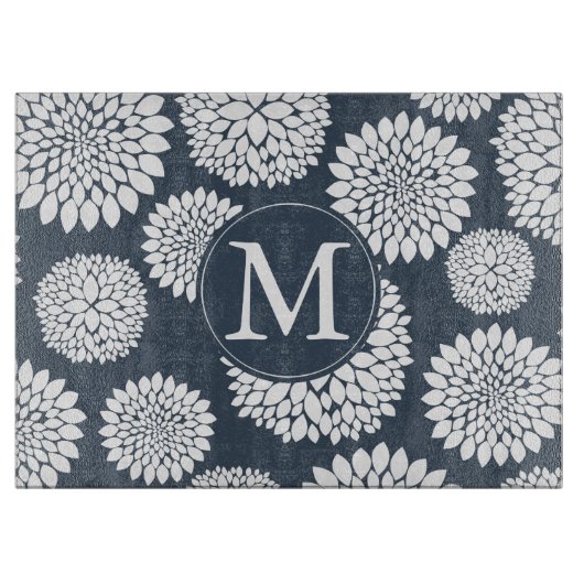 Chic Blue White Flowers Monogram Snijplank (Voorkant)