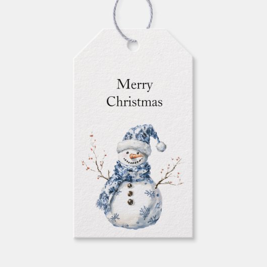 Chic Blue White Snowman Kerstmis Cadeaulabel (Voorkant)