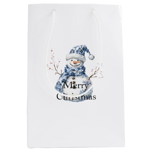 Chic Blue White Snowman Kerstmis Medium Cadeauzakje (Voorkant)