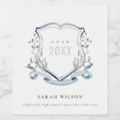 Chic Blue Wildflower Waterverf Crest Afstuderen Wijn Etiket (Enkel label)