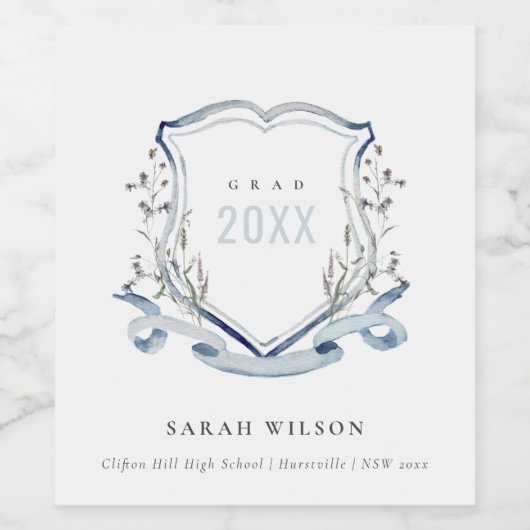 Chic Blue Wildflower Waterverf Crest Afstuderen Wijn Etiket (Enkel label)