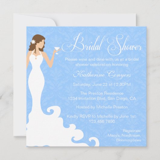 Chic Blue Wine Damask Bridal Shower Invitation (Devant)