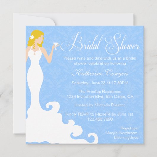 Chic Blue Wine Damask Bridal Shower Invitation (Devant)