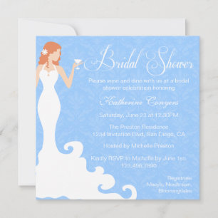 Chic Blue Wine Damask Bridal Shower Invitation Kaart