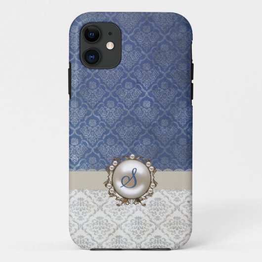 Chic Blue & Winter White Damask iPhone 5 Coque (Dos)