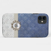 Chic Blue & Winter White Damask iPhone 5 Coque (Dos (Horizontal))