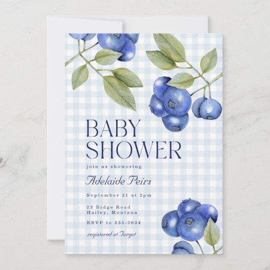 Chic Blueberry Gingham Boy Baby shower Kaart (Voorkant)