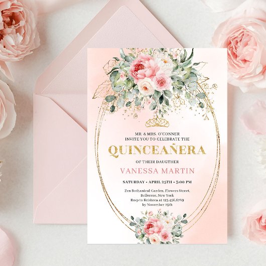 Chic Blush and Gold Boho Quinceañera Invitation