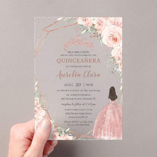 Chic Blush Bloemen Roos Goud Quinceañera Princess Acryl Uitnodigingen (Insitu (Draagbaar))