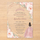 Chic Blush Bloemen Roos Goud Quinceañera Princess Acryl Uitnodigingen (Voorkant)