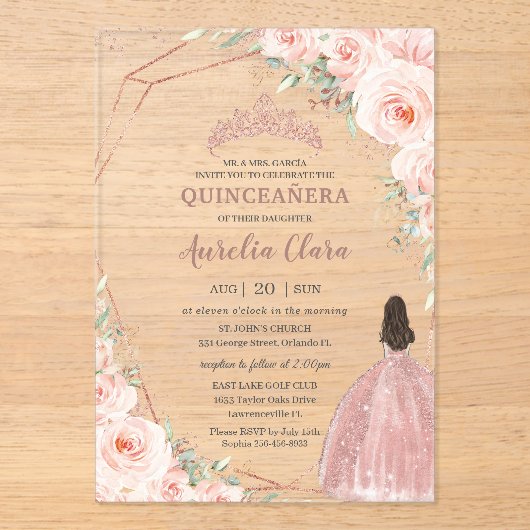 Chic Blush Bloemen Roos Goud Quinceañera Princess Acryl Uitnodigingen (Voorkant)