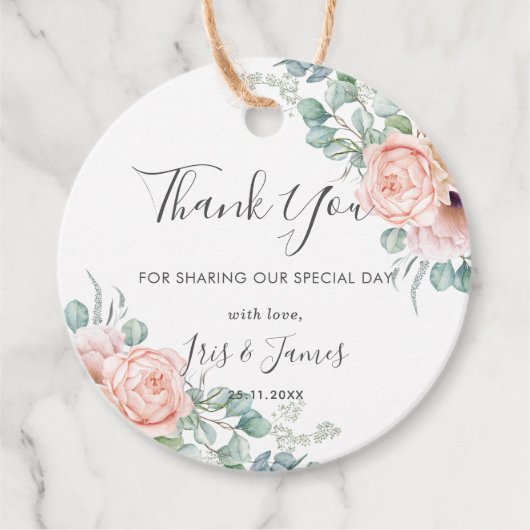 Chic Blush Bloemen Rozen Groen Bruiloft Dank u Bedankjes Labels (Voorkant)