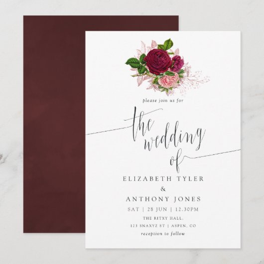 Chic Blush en Burgundy Floral Wedding Kaart (Voorkant / Achterkant)