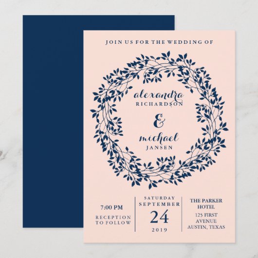 Chic Blush en Navy Botanical Wreath Wedding Kaart (Voorkant / Achterkant)