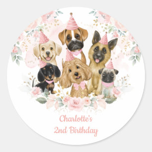 Chic Blush Floral Dogs Puppies Birthday Party Ronde Sticker