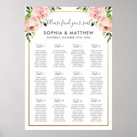 Chic Blush Floral Flowers Wedding Seating Chart A2 Poster (Voorkant)