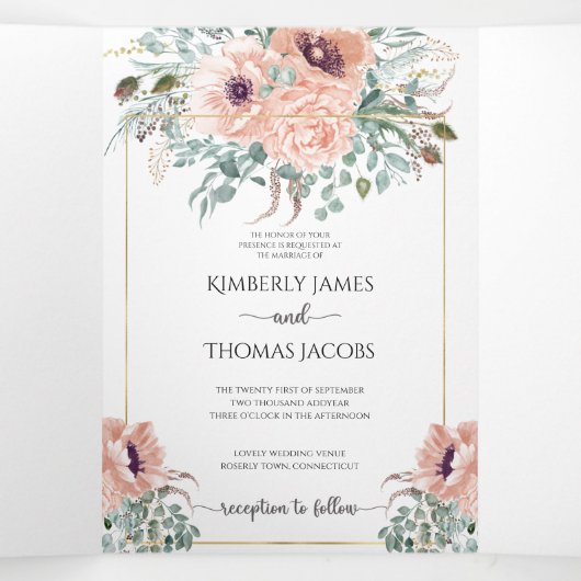 Chic Blush Floral Mariage Invitation Tri-Fold (Intérieur au milieu)