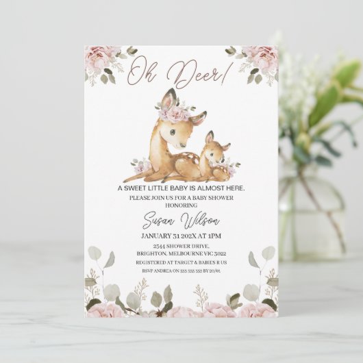 Chic Blush Floral Oh Deer Baby shower Invitation (Debout devant)