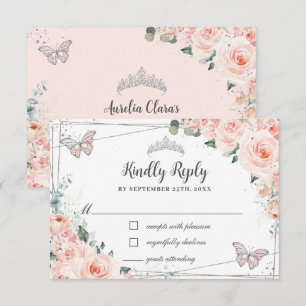 Chic Blush Floral Silver QUINCEAÑERA Butterflies RSVP Kaartje