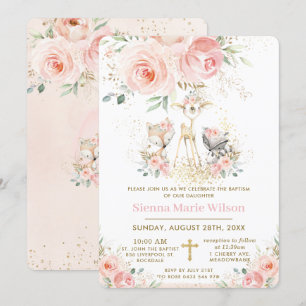 Chic Blush Floral Woodland Baptism Christening Kaart
