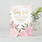 Chic Blush Gold Garden Floral Rozen Baby shower Kaart (Staand voorkant)