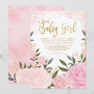 Chic Blush Gold Garden Floral Rozen Baby shower Kaart