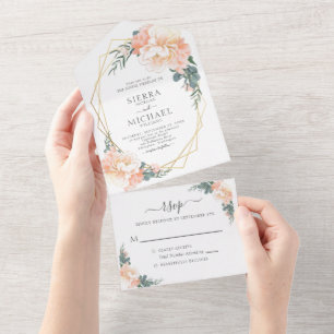Chic Blush Gold Peach Dusty Blue Floral Wedding All In One Uitnodiging