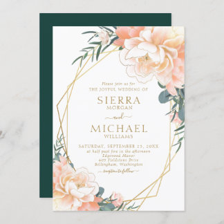 Chic Blush Gold Peach Emerald Green Floral Wedding Kaart