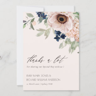 Chic Blush Navy Anemone Floral Waterverf Wedding Bedankkaart