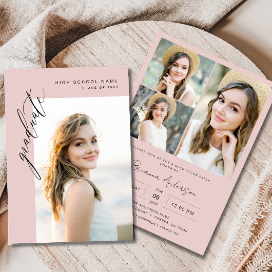 Chic Blush Pink 4 foto afstudeerfeest Kaart