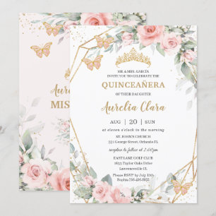Chic Blush Pink Floral Butterflies Quinceañera Kaart