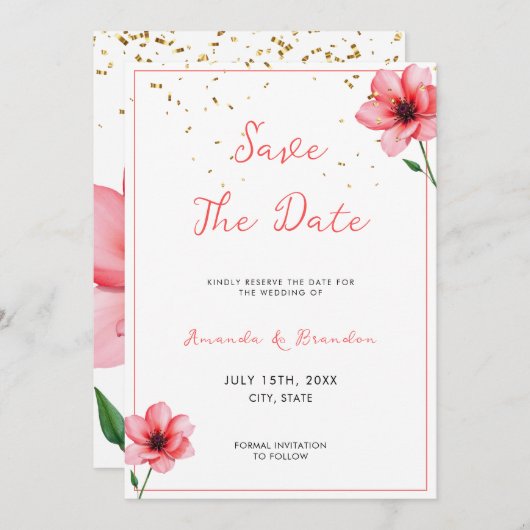 Chic Blush Pink Floral Confetti Frame Wedding Save The Date (Voorkant / Achterkant)