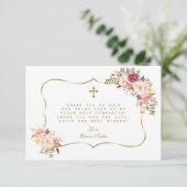 Chic Blush Pink Flowers Gold Cross Heilige Communi Bedankkaart (Staand voorkant)