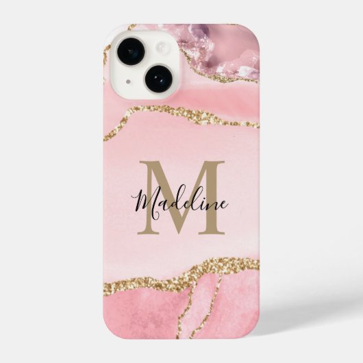 Chic Blush Pink Geode Gold Script Monogram iPhone Hoesje (Achterkant)