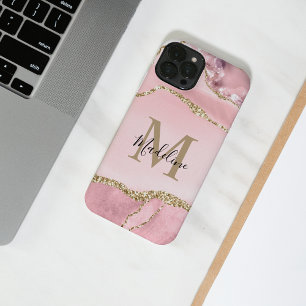 Chic Blush Pink Geode Gold Script Monogram iPhone 14 Hoesje