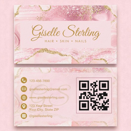 Chic Blush Pink Gold Agaat Marmer QR-code Visitekaartje