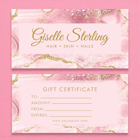 Chic Blush Pink Gold Agate Marble Gift Certificate