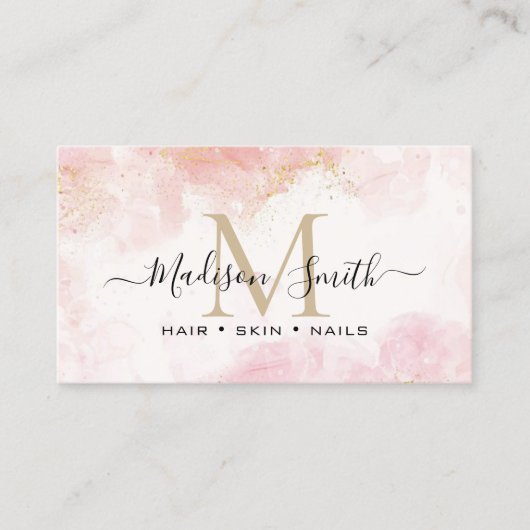 Chic Blush Pink Gold Glitter Marble Agate Monogram Visitekaartje (Voorkant)