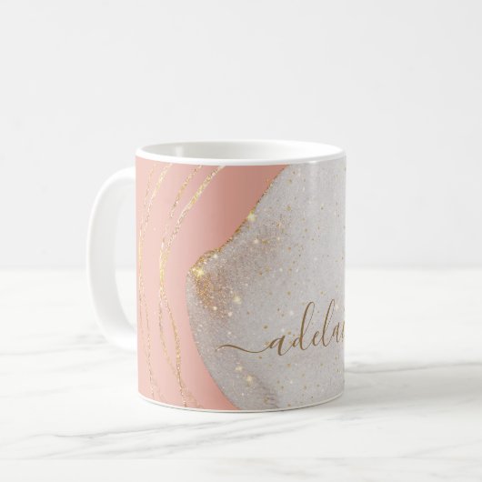 Chic Blush Pink Gold Glitter Monogram Script Name Koffiemok (Voorkant links)
