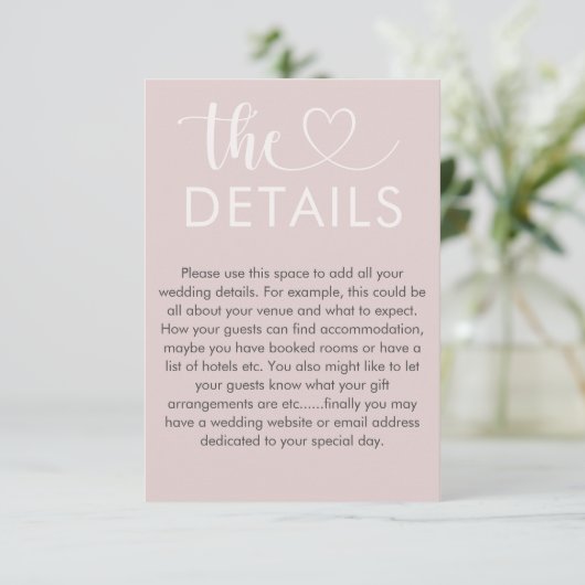 Chic Blush Pink Heart Weddenschap Details Informatiekaartje (Staand voorkant)