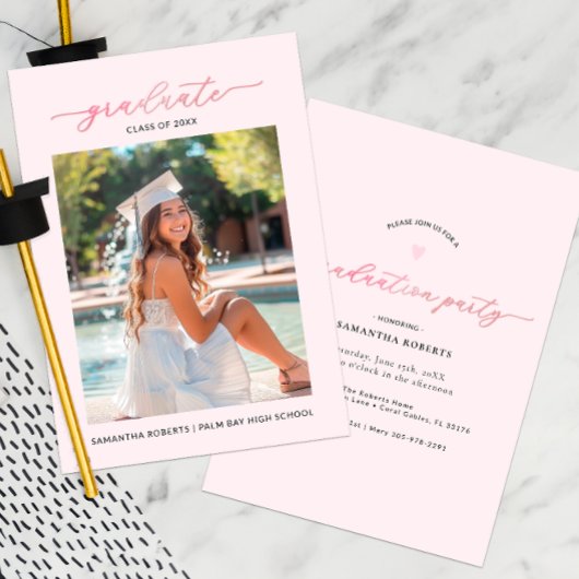 Chic Blush Pink Photo Graduation Party Invitation